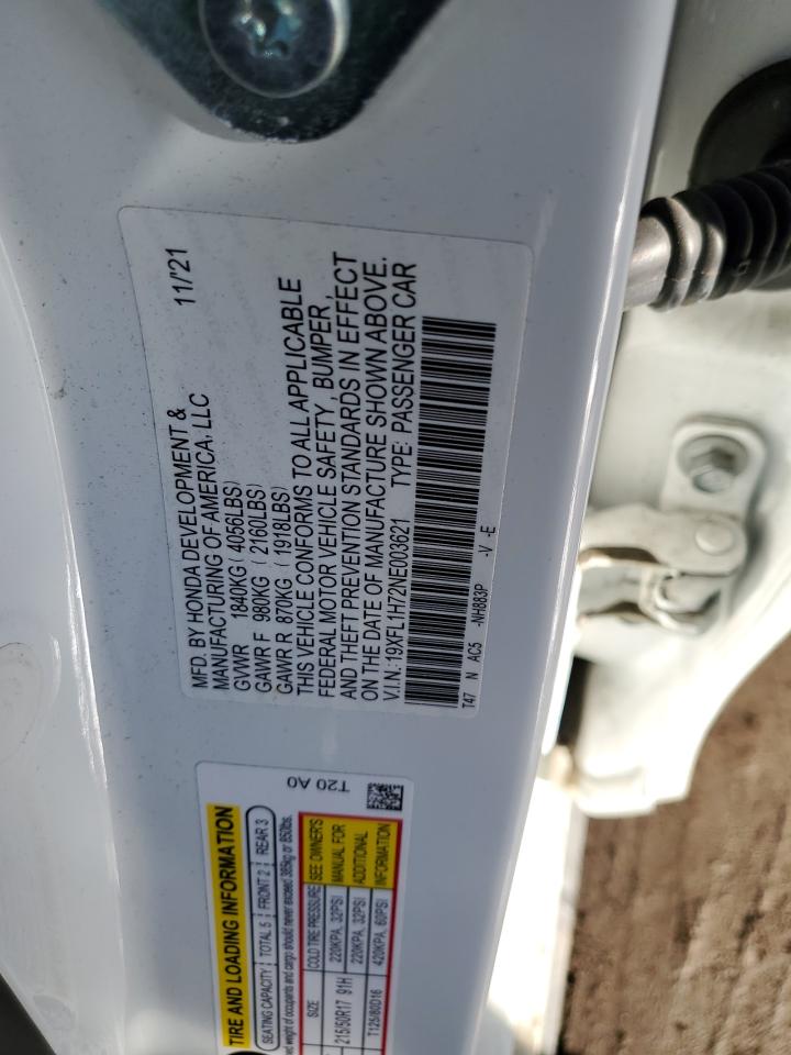 2022 HONDA CIVIC EXL VIN:19XFL1H72NE003621