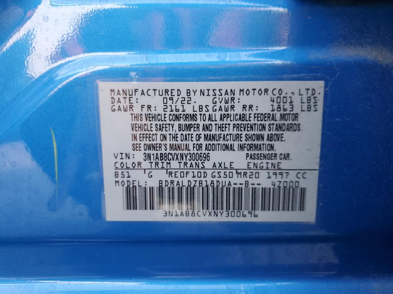2022 NISSAN SENTRA SV VIN:3N1AB8CVXNY300696