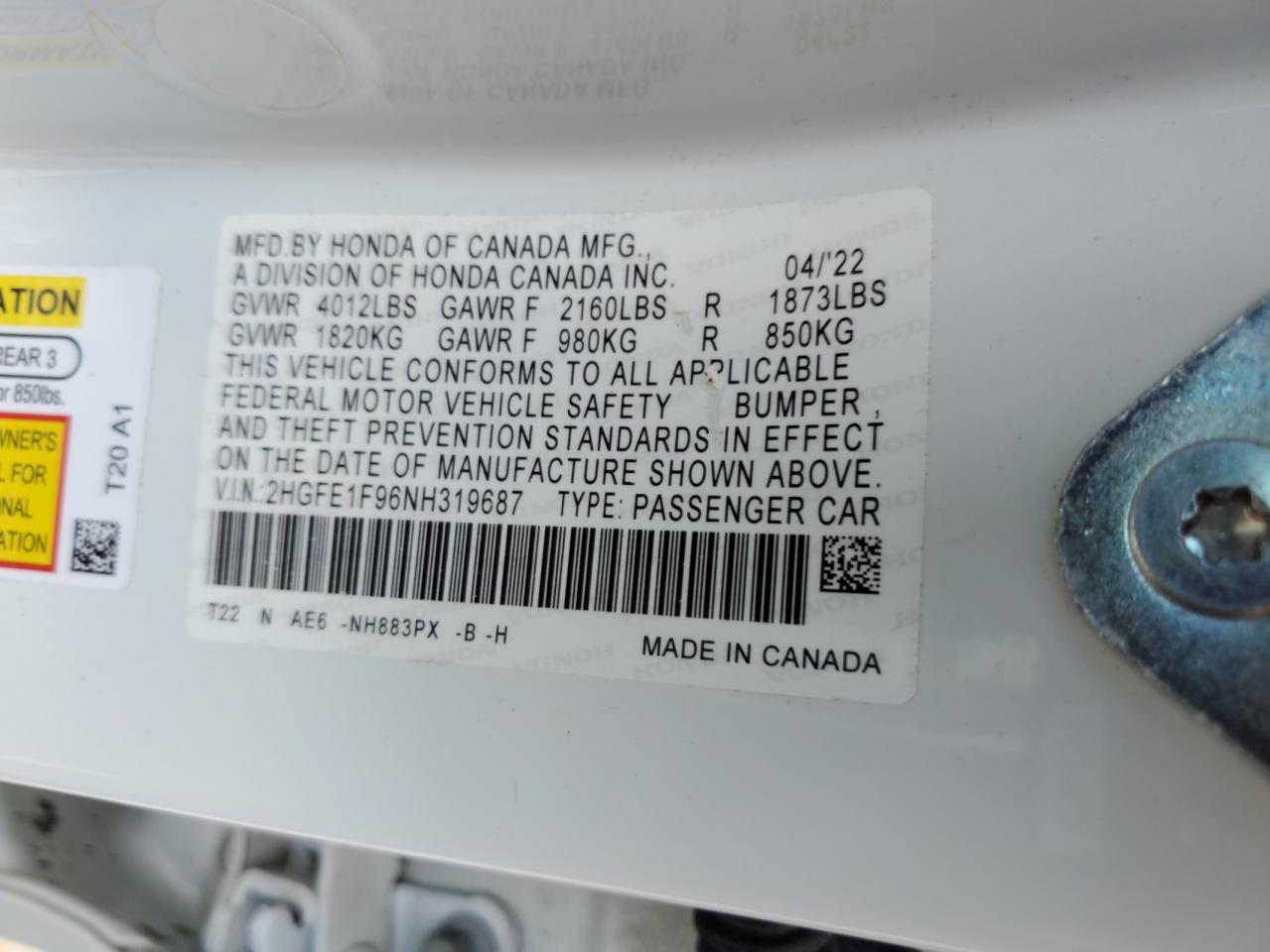 2022 HONDA CIVIC TOURING VIN:2HGFE1F96NH319687