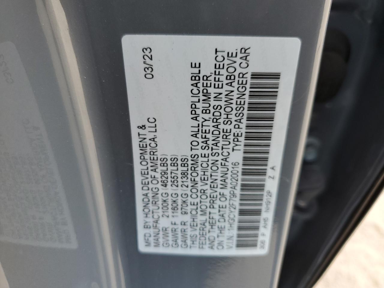 2023 HONDA ACCORD HYBRID SPORT-L VIN:1HGCY2F79PA020016
