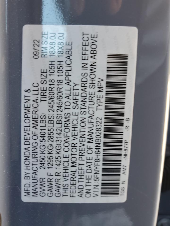 2022 HONDA PASSPORT TRAIL SPORT VIN:5FNYF8H64NB028322