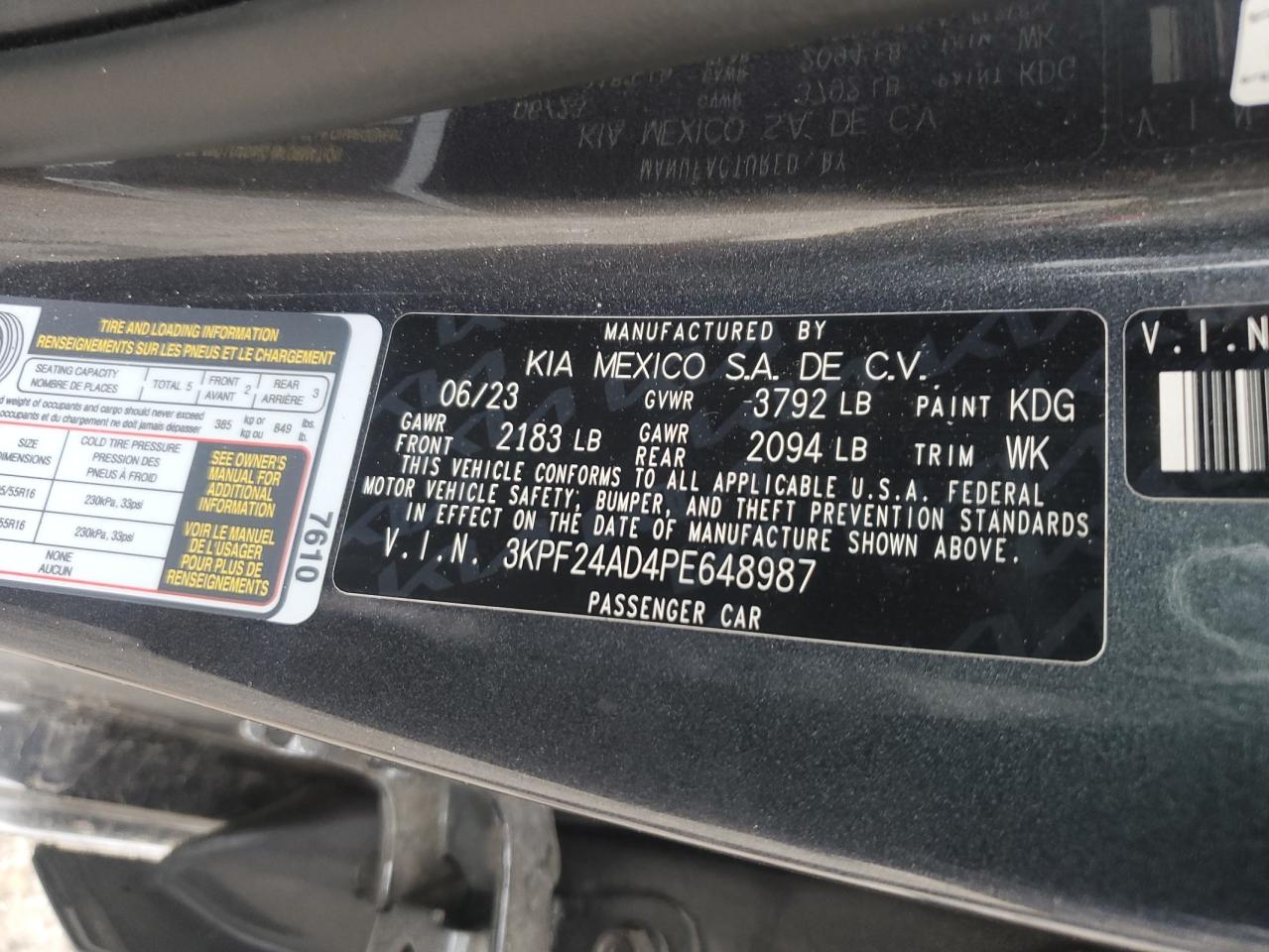 2023 KIA FORTE LX VIN:3KPF24AD4PE648987