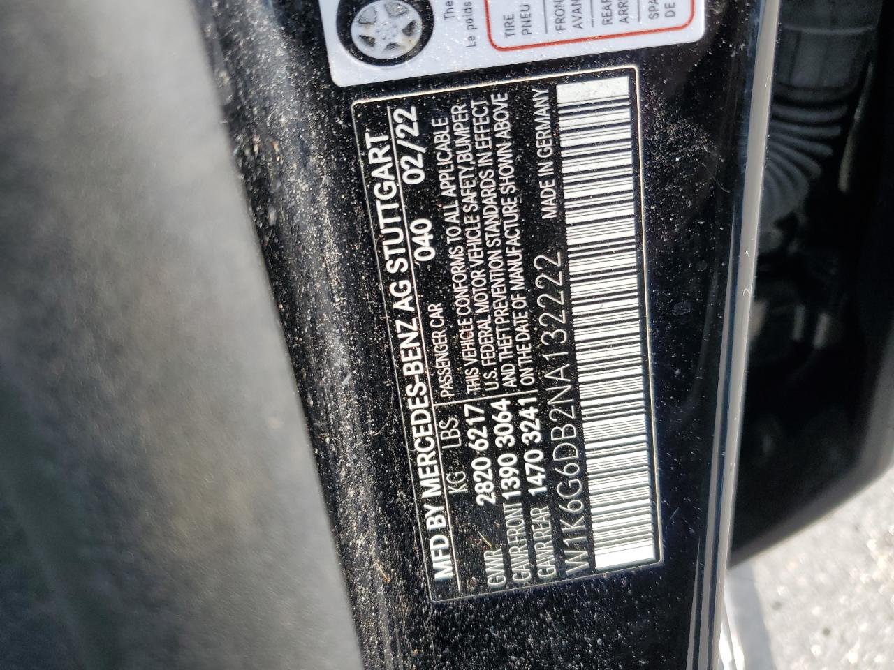 2022 MERCEDES-BENZ S 500 4MATIC VIN:W1K6G6DB2NA132222