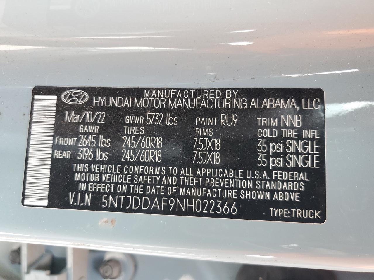 2022 HYUNDAI SANTA CRUZ SEL PREMIUM VIN:5NTJDDAF9NH022366