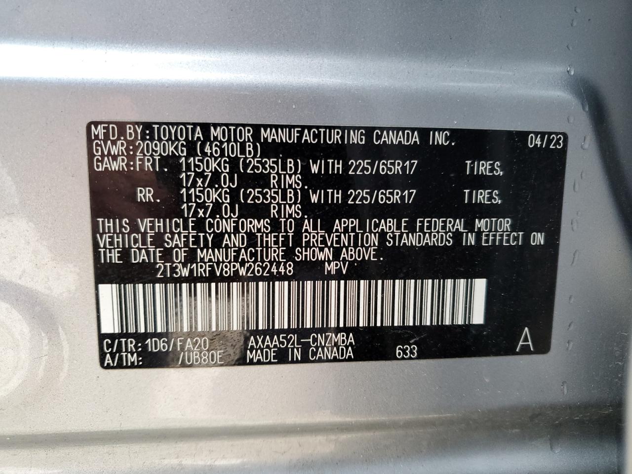 2023 TOYOTA RAV4 XLE VIN:2T3W1RFV8PW262448