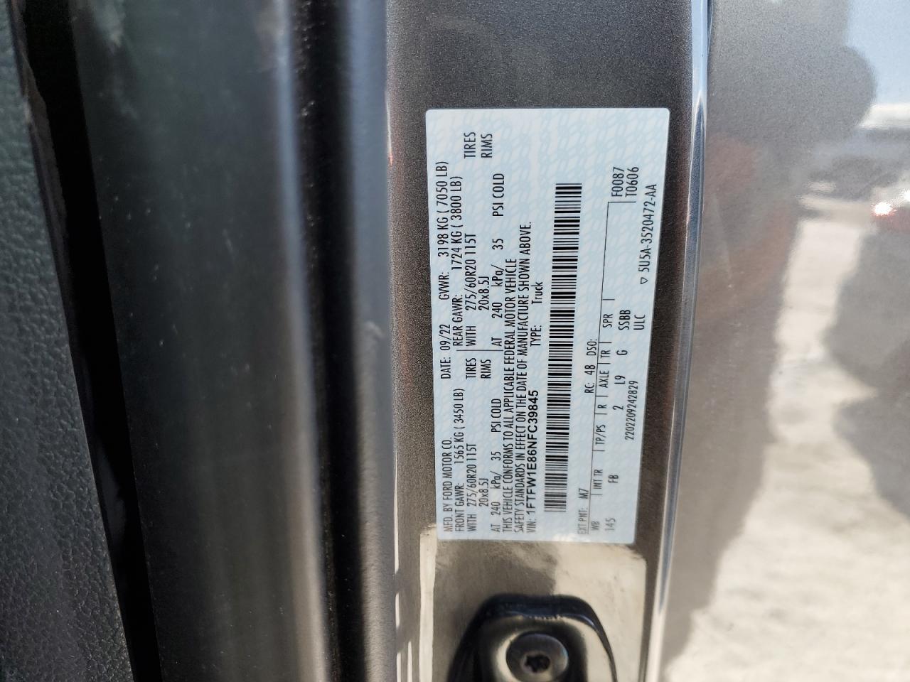 2022 FORD F150 SUPERCREW VIN:1FTFW1E86NFC39845