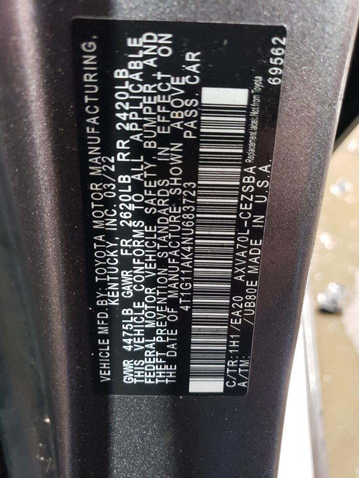 2022 TOYOTA CAMRY SE VIN:4T1G11AK4NU683723