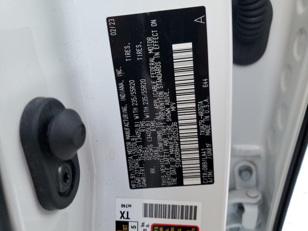 2023 TOYOTA HIGHLANDER L VIN:5TDKDRBH4PS025236