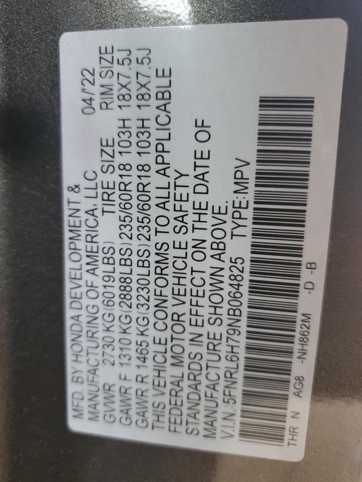 2022 HONDA ODYSSEY EXL VIN:5FNRL6H79NB064825