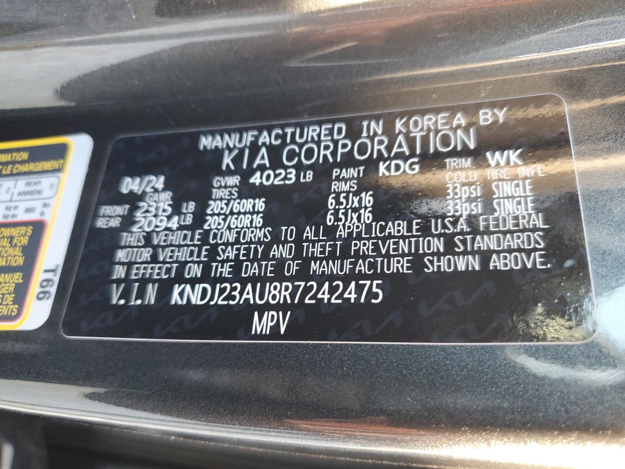 2024 KIA SOUL LX VIN:KNDJ23AU8R7242475