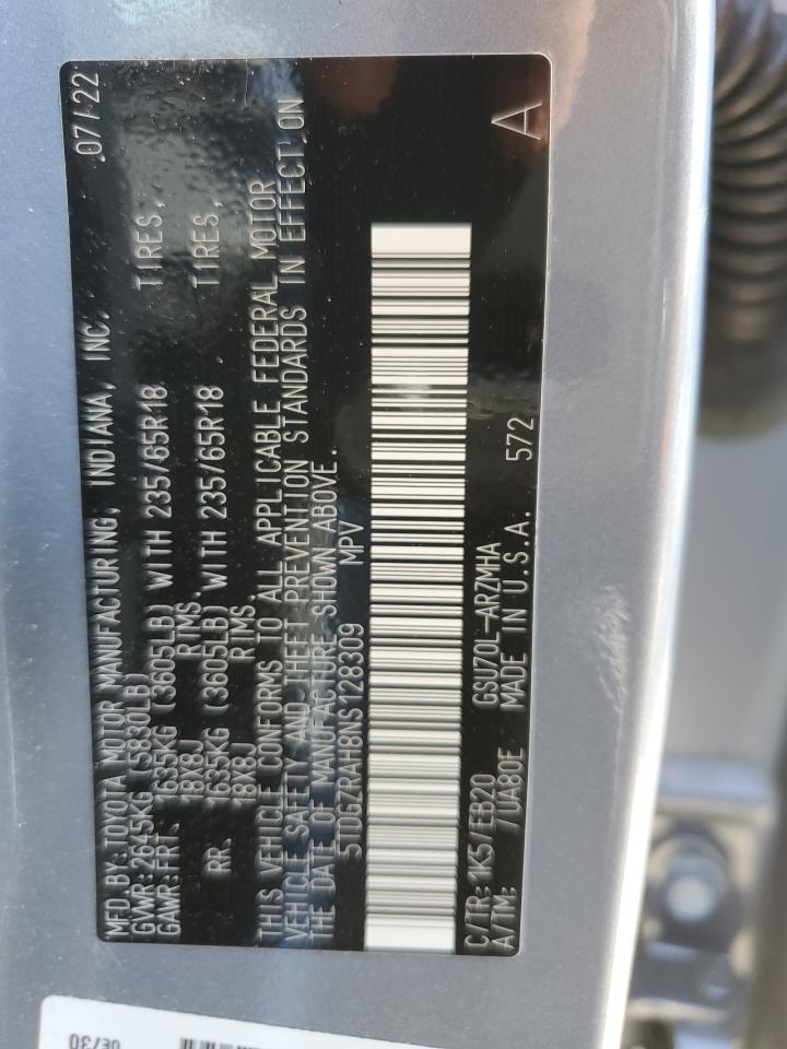 2022 TOYOTA HIGHLANDER XLE VIN:5TDGZRAH8NS128309