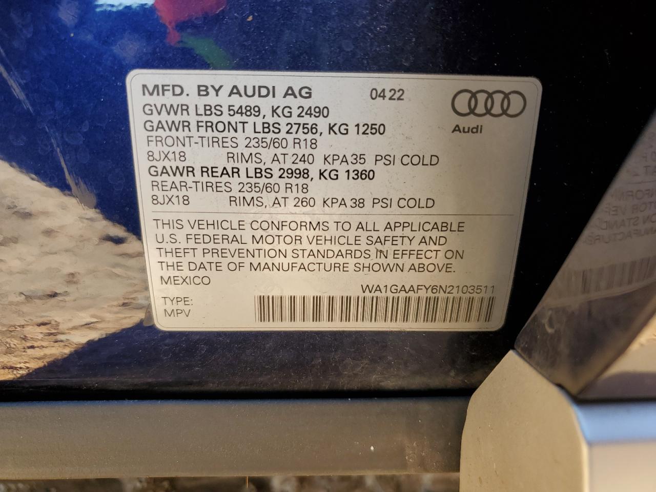 2022 AUDI Q5 PREMIUM 45 VIN:WA1GAAFY6N2103511