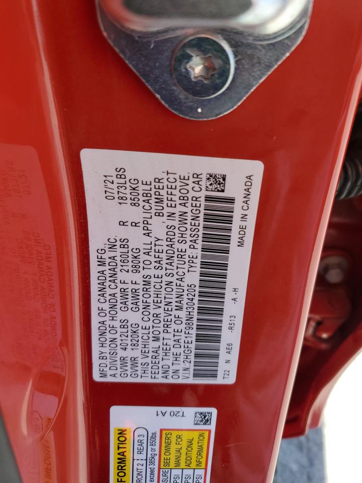 2022 HONDA CIVIC TOURING VIN:2HGFE1F98NH304205