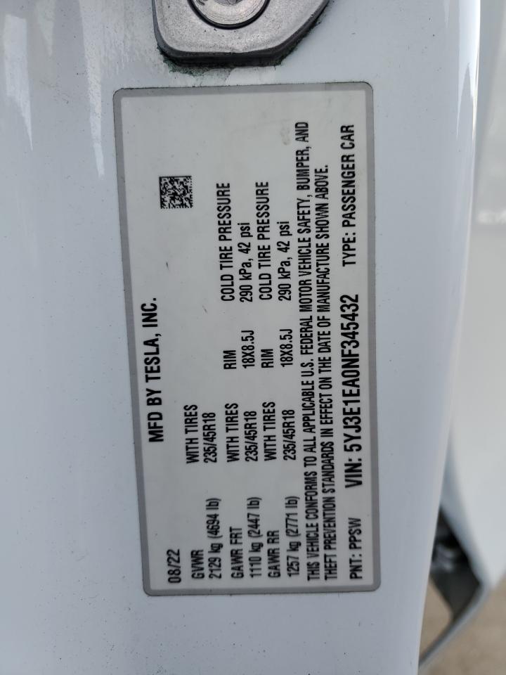 2022 TESLA MODEL 3  VIN:5YJ3E1EA0NF345432