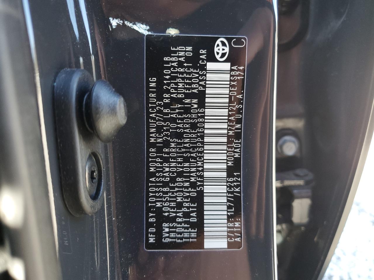 2023 TOYOTA COROLLA SE VIN:5YFS4MCE6PP160816