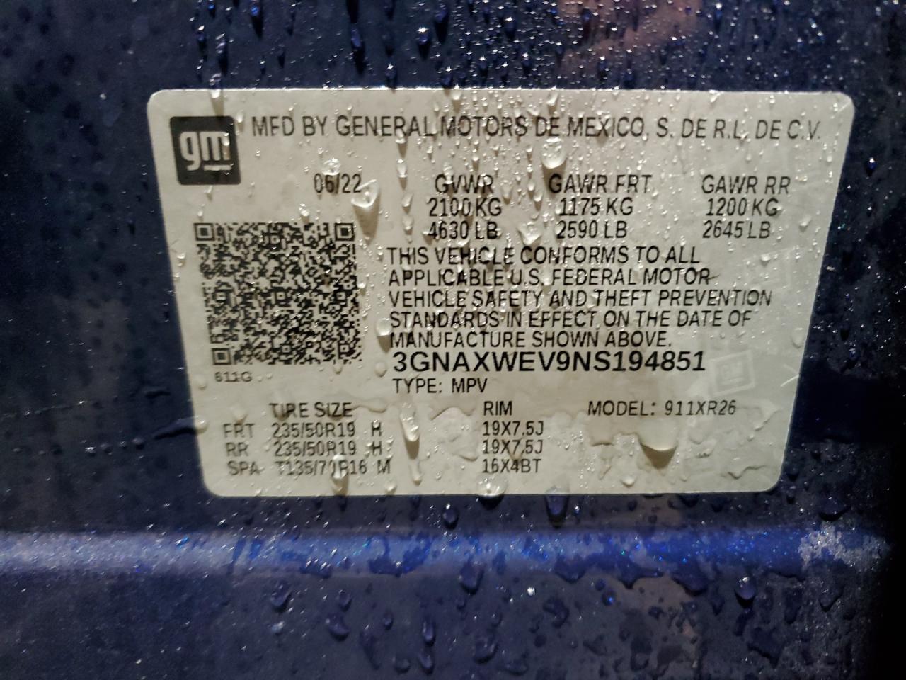 2022 CHEVROLET EQUINOX RS VIN:3GNAXWEV9NS194851