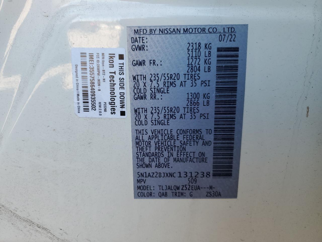 2022 NISSAN MURANO SV VIN:5N1AZ2BJXNC131238