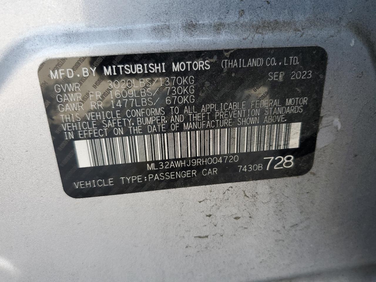 2024 MITSUBISHI MIRAGE SE VIN:ML32AWHJ9RH004720