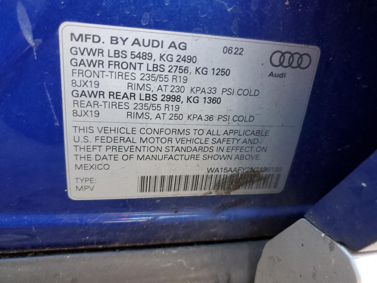 2022 AUDI Q5 SPORTBACK PRM PLS 45 VIN:WA15AAFY2N2139199