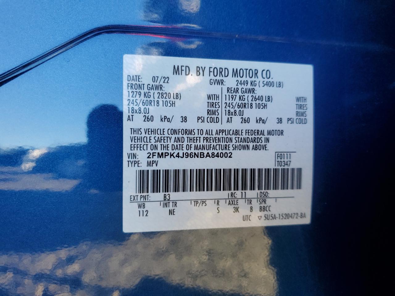 2022 FORD EDGE SEL VIN:2FMPK4J96NBA84002