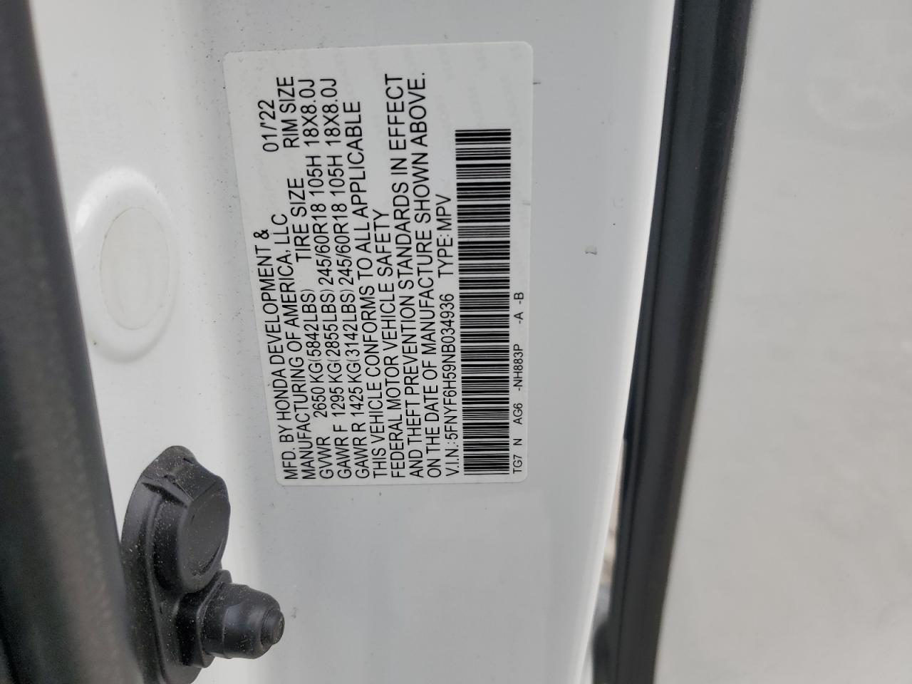 2022 HONDA PILOT EXL VIN:5FNYF6H59NB034936