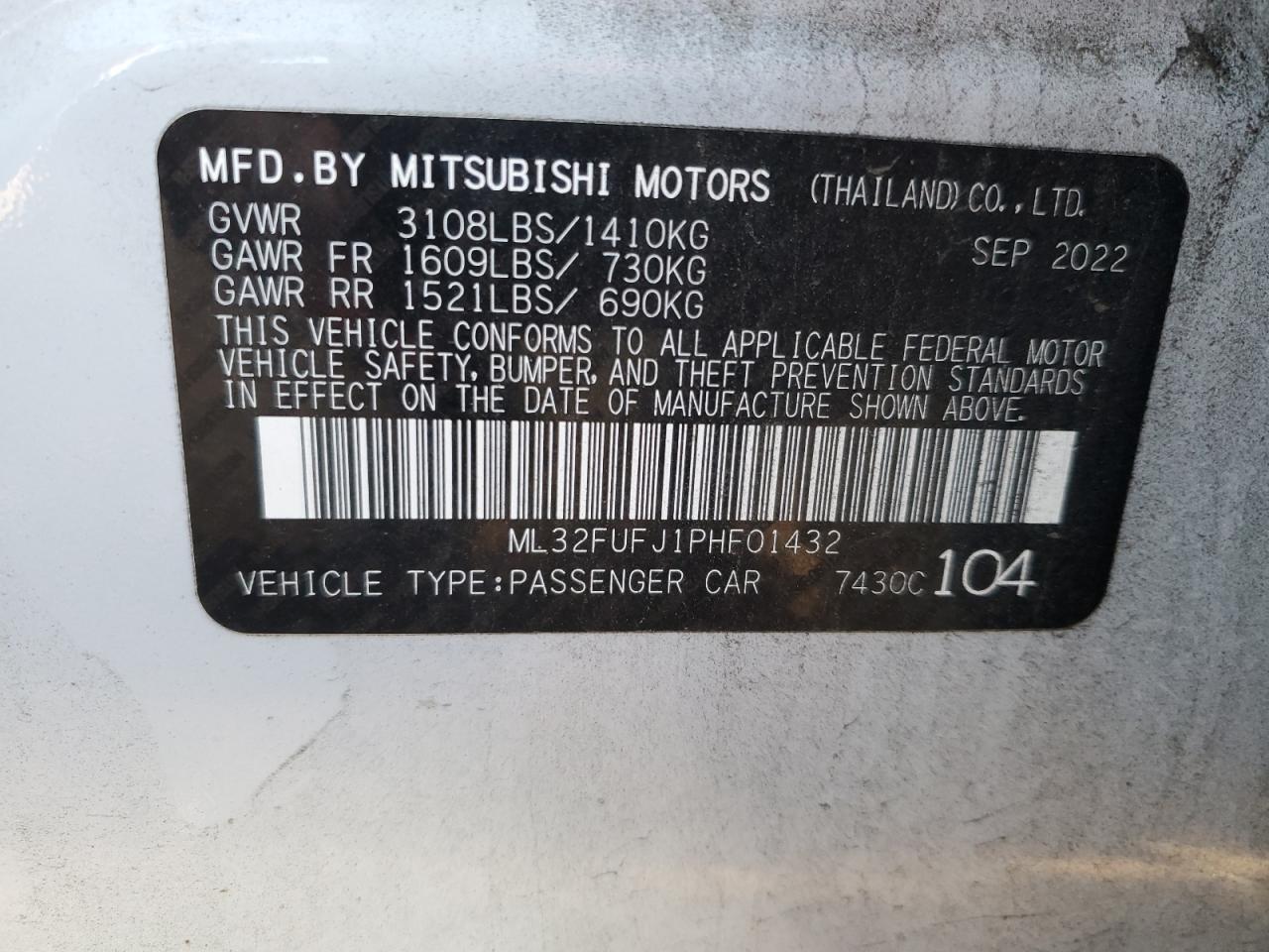 2023 MITSUBISHI MIRAGE G4 ES VIN:ML32FUFJ1PHF01432