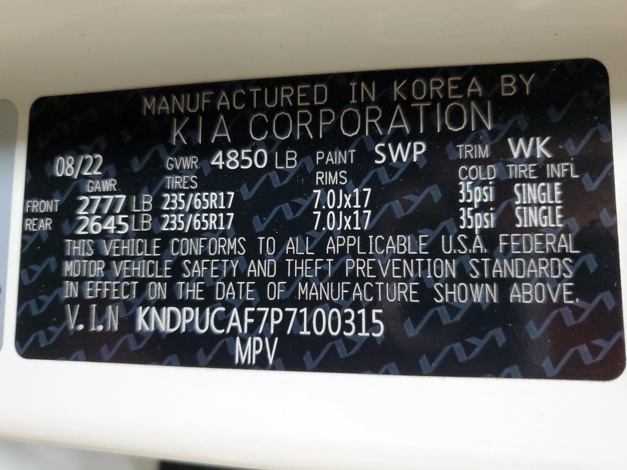 2023 KIA SPORTAGE LX VIN:KNDPUCAF7P7100315