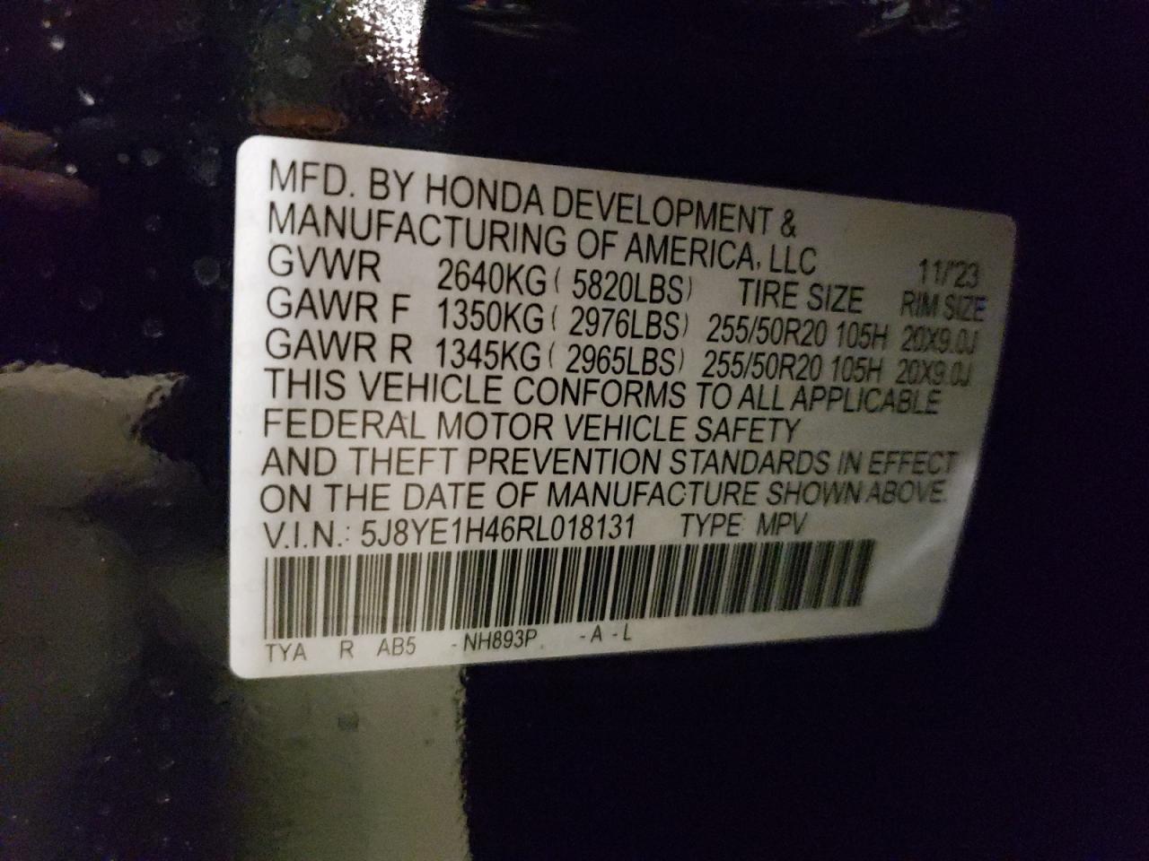 2024 ACURA MDX TECHNOLOGY VIN:5J8YE1H46RL018131