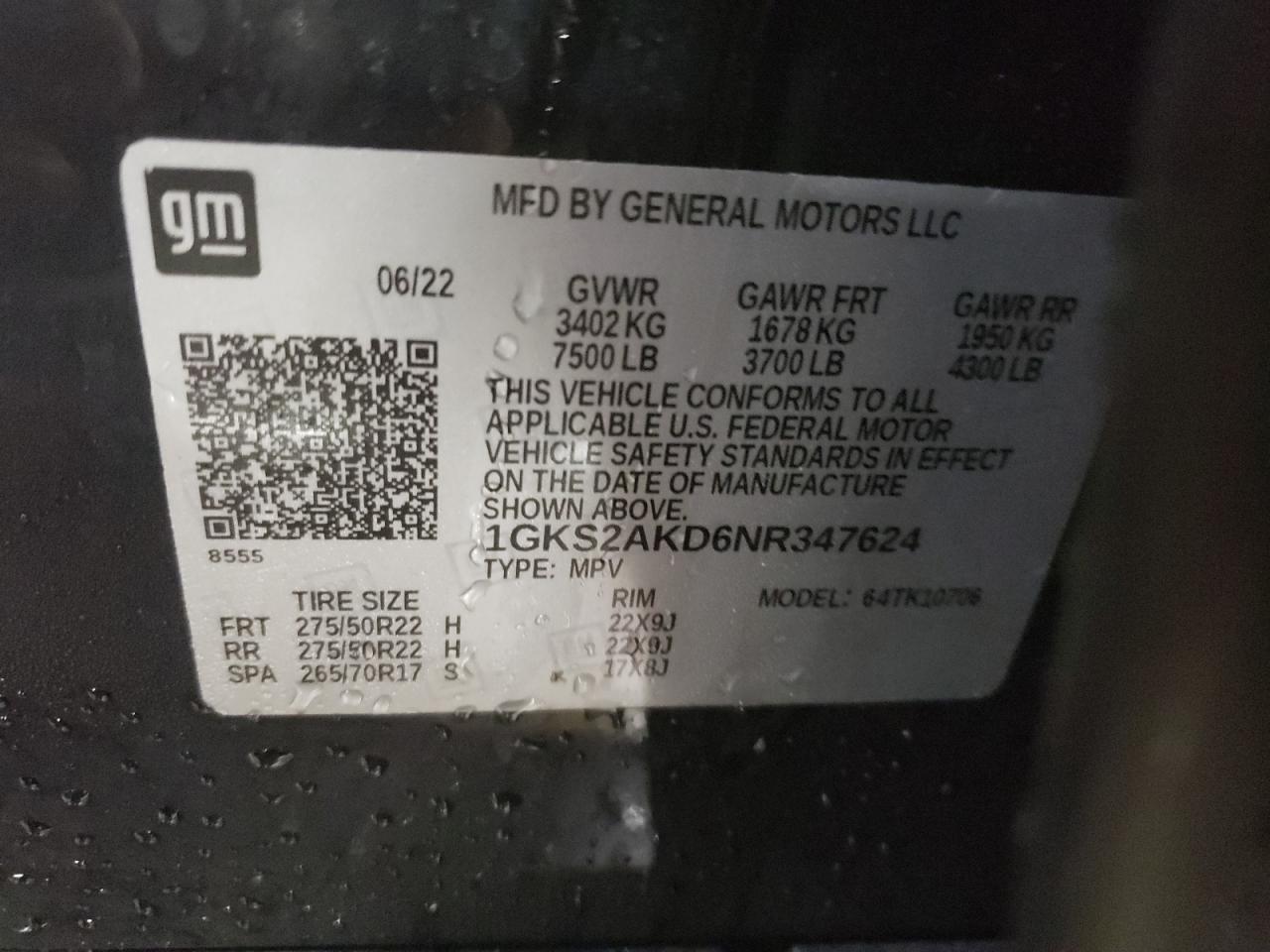 2022 GMC YUKON SLE VIN:1GKS2AKD6NR347624