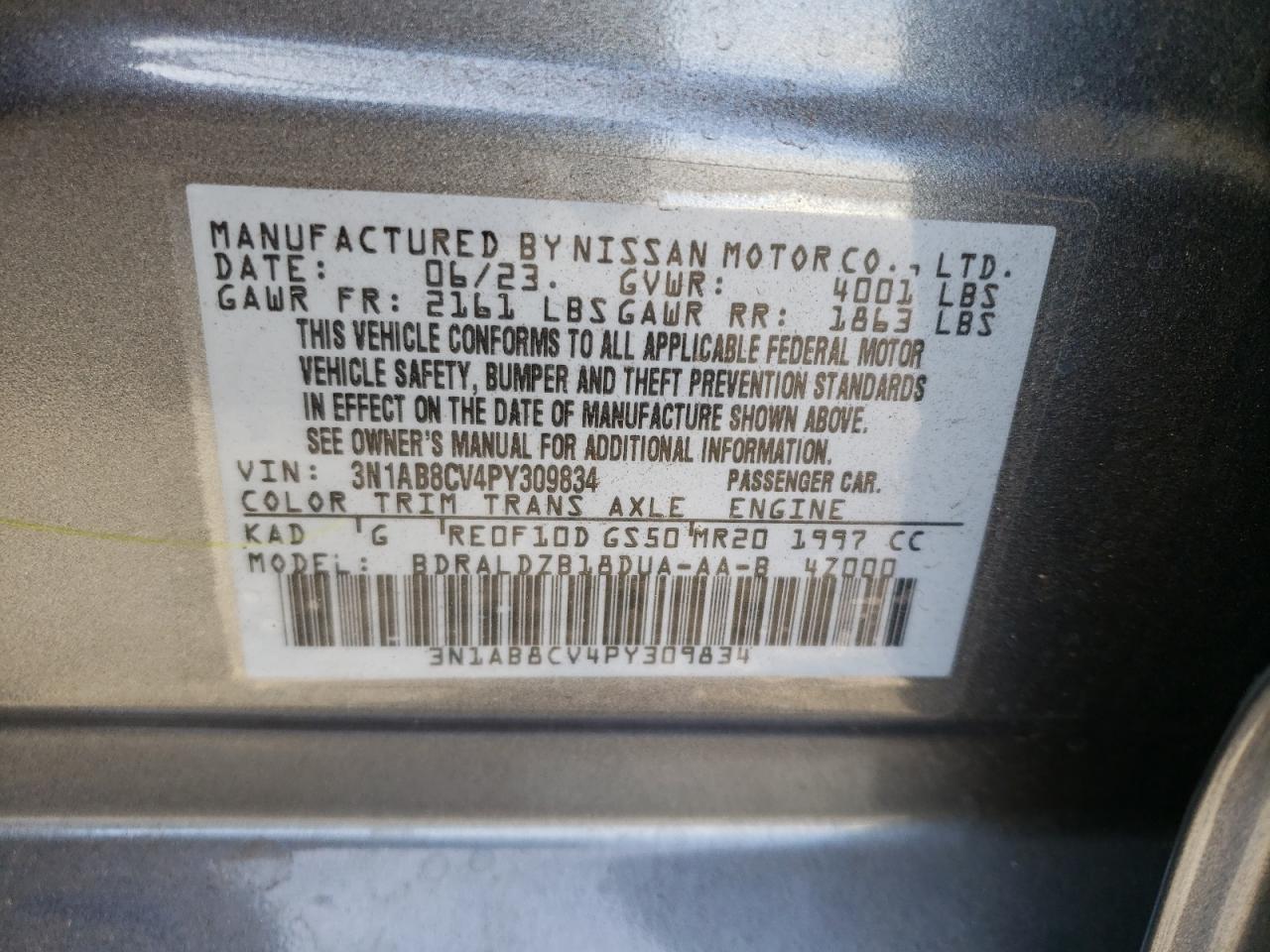 2023 NISSAN SENTRA SV VIN:3N1AB8CV4PY309834