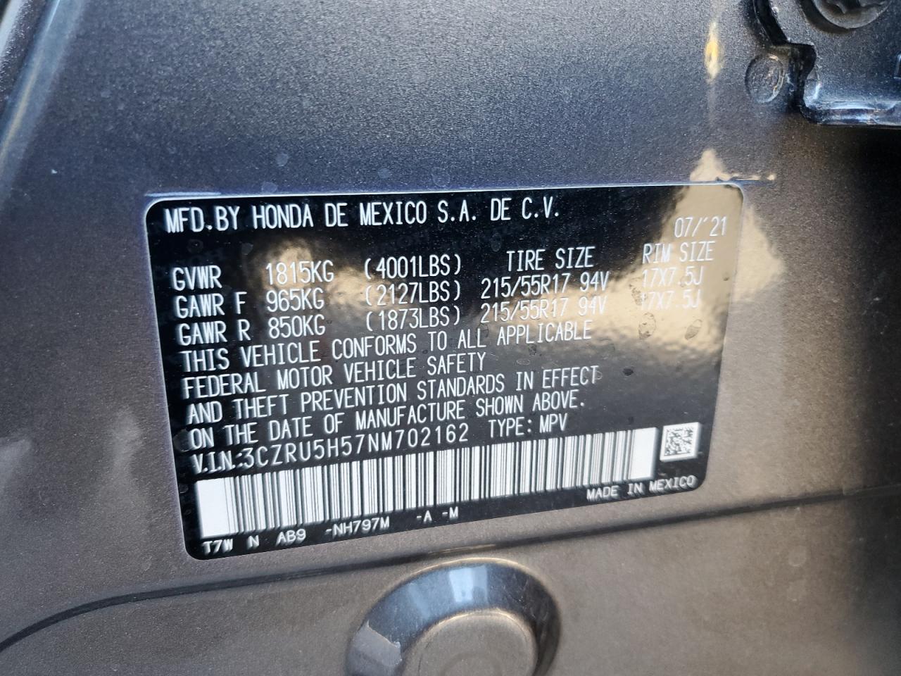 2022 HONDA HR-V EX VIN:3CZRU5H57NM702162