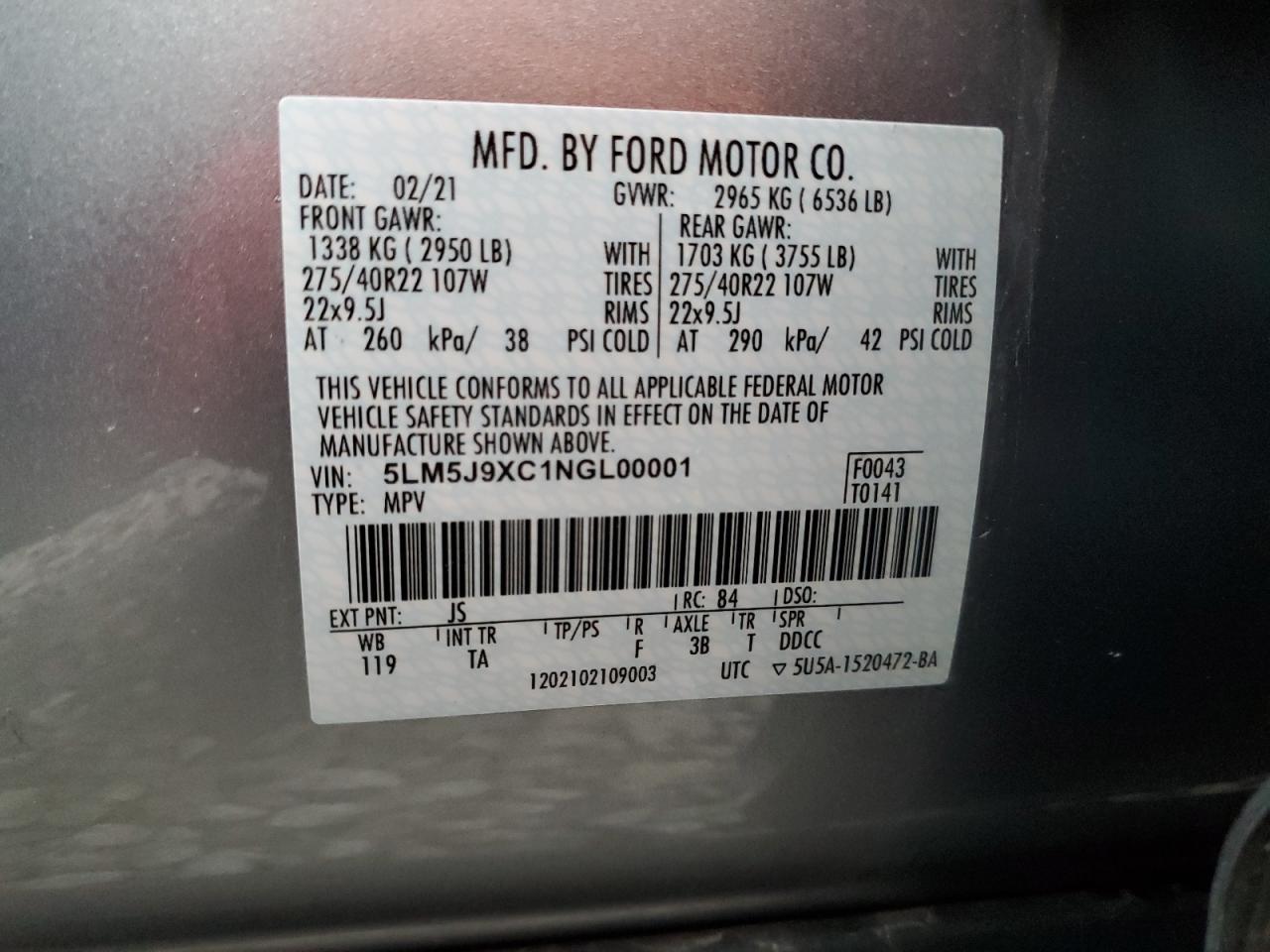 2022 LINCOLN AVIATOR BLACK LABEL VIN:5LM5J9XC1NGL00001