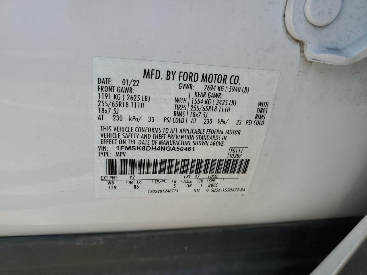 2022 FORD EXPLORER XLT VIN:1FMSK8DH4NGA50461