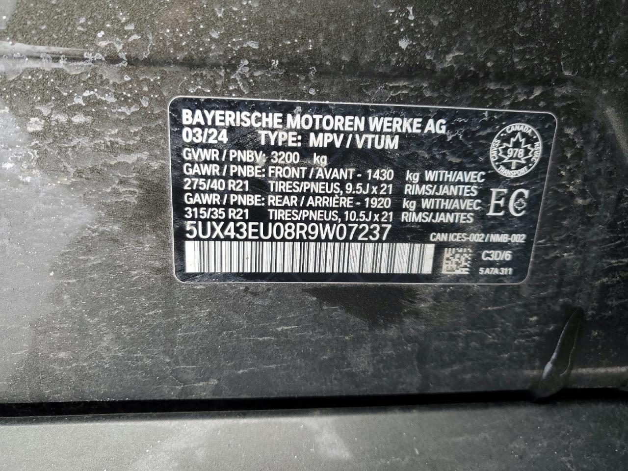 2024 BMW X5 XDRIVE50E VIN:5UX43EU08R9W07237