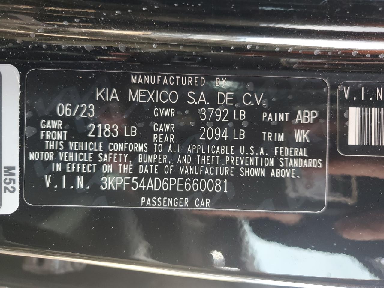 2023 KIA FORTE GT LINE VIN:3KPF54AD6PE660081