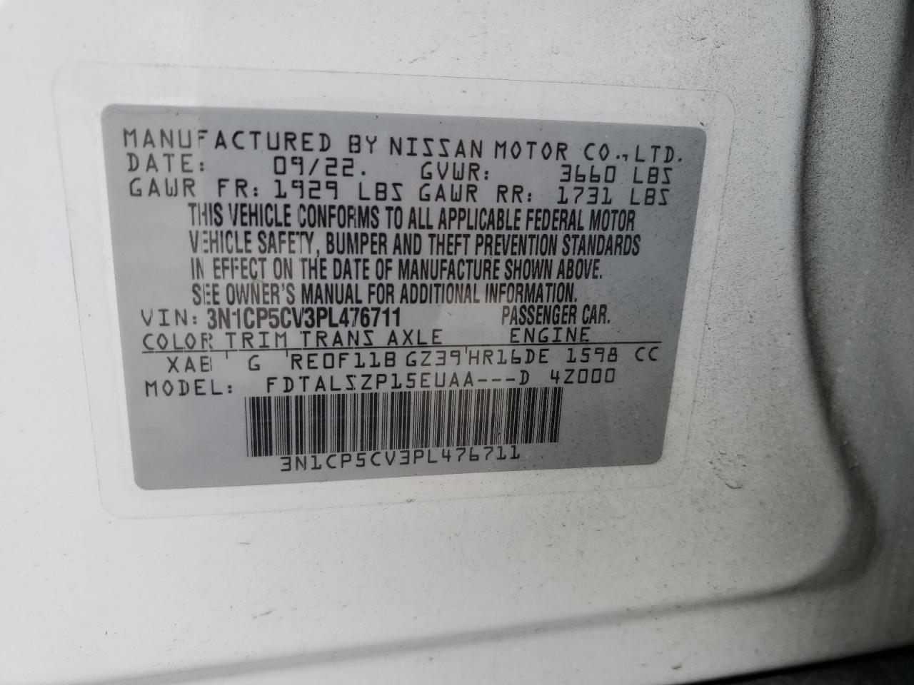 2023 NISSAN KICKS SV VIN:3N1CP5CV3PL476711