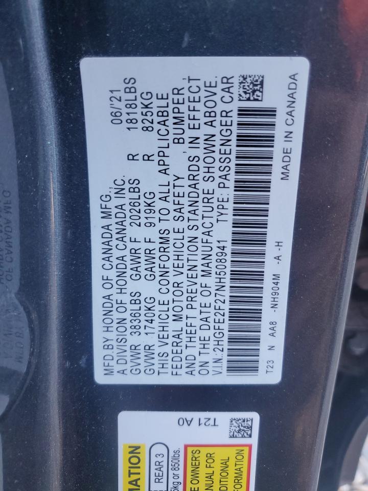 2022 HONDA CIVIC LX VIN:2HGFE2F27NH508941