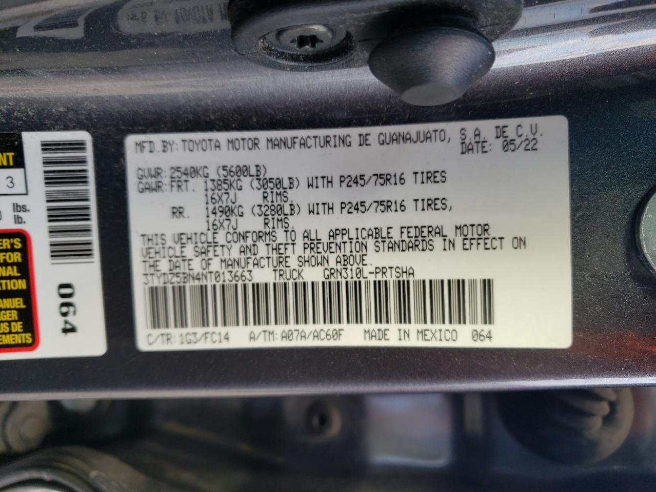 2022 TOYOTA TACOMA DOUBLE CAB VIN:3TYDZ5BN4NT013663