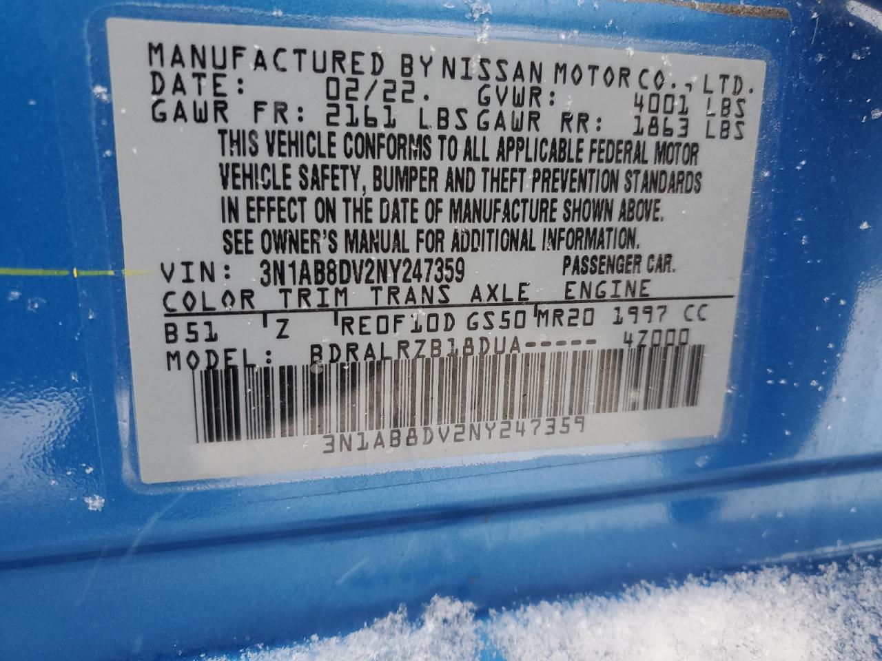 2022 NISSAN SENTRA SR VIN:3N1AB8DV2NY247359