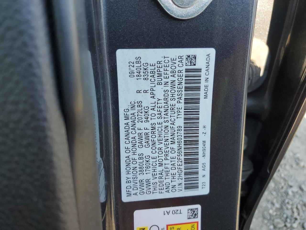 2022 HONDA CIVIC SPORT VIN:2HGFE2F56NH603789