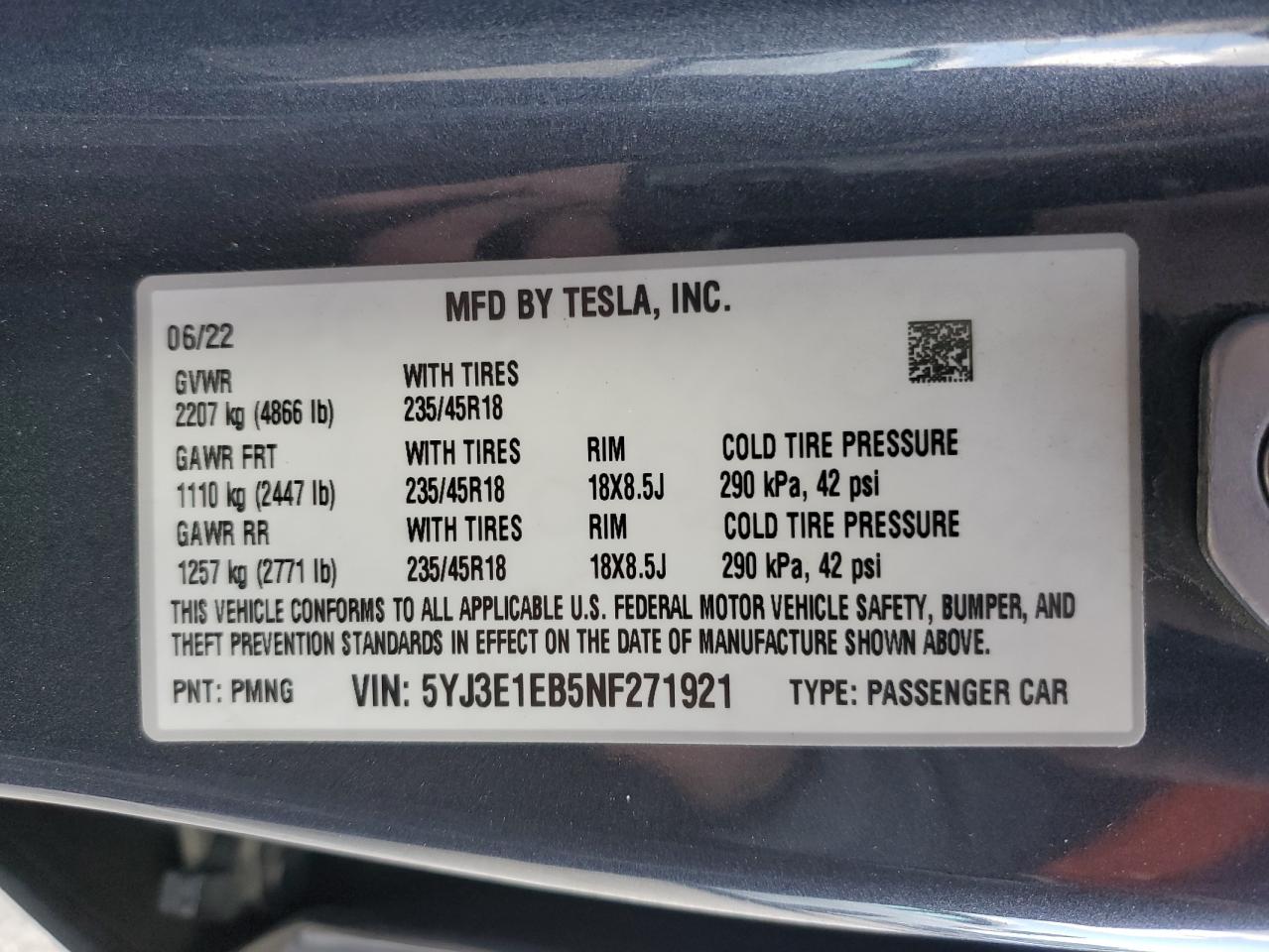 2022 TESLA MODEL 3  VIN:5YJ3E1EB5NF271921