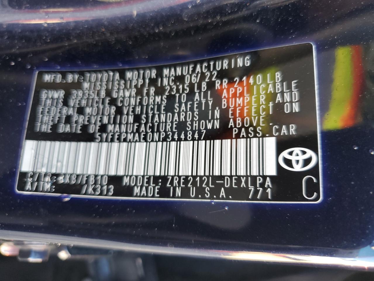 2022 TOYOTA COROLLA LE VIN:5YFEPMAE0NP344847