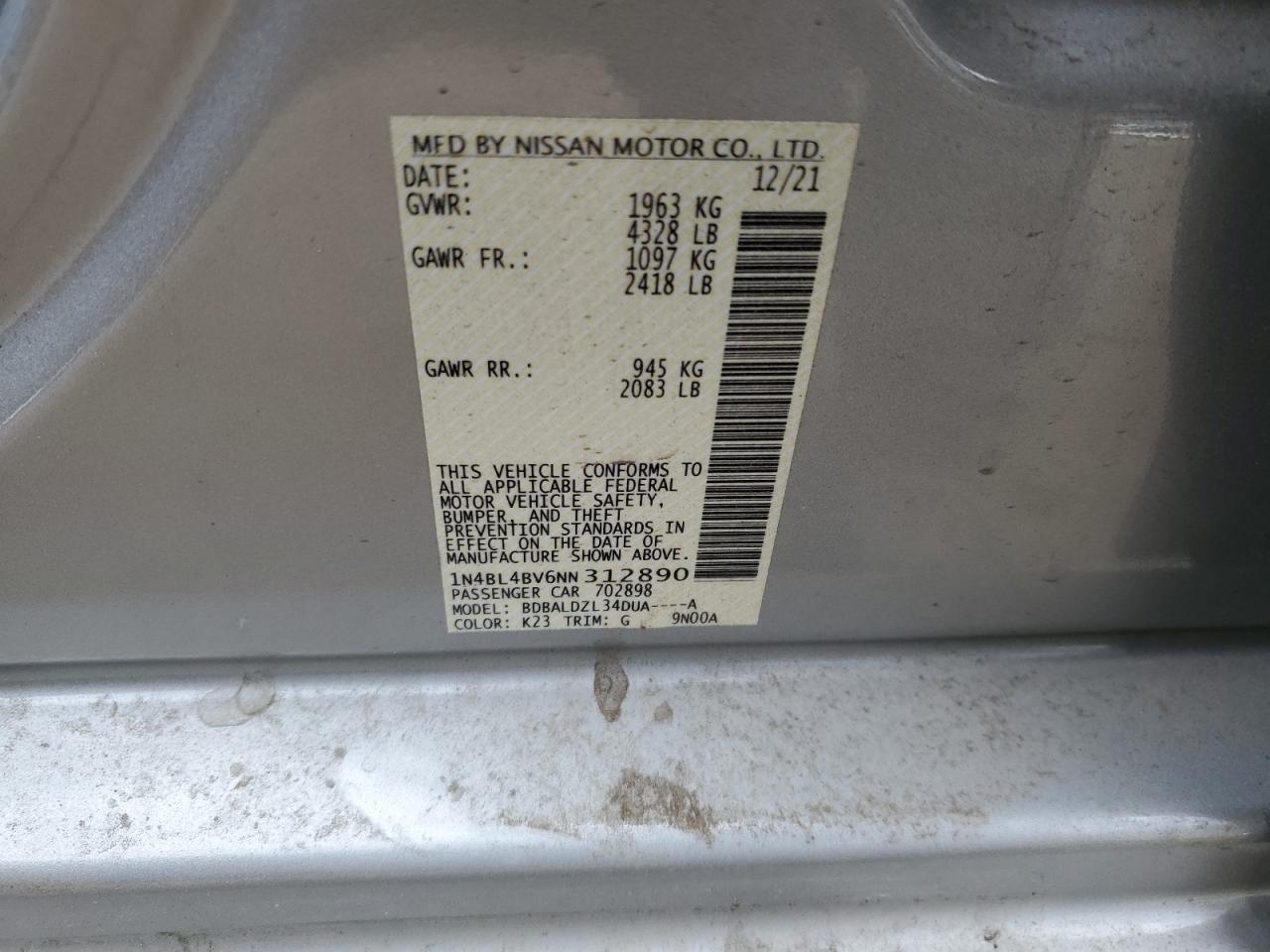 2022 NISSAN ALTIMA S VIN:1N4BL4BV6NN312890