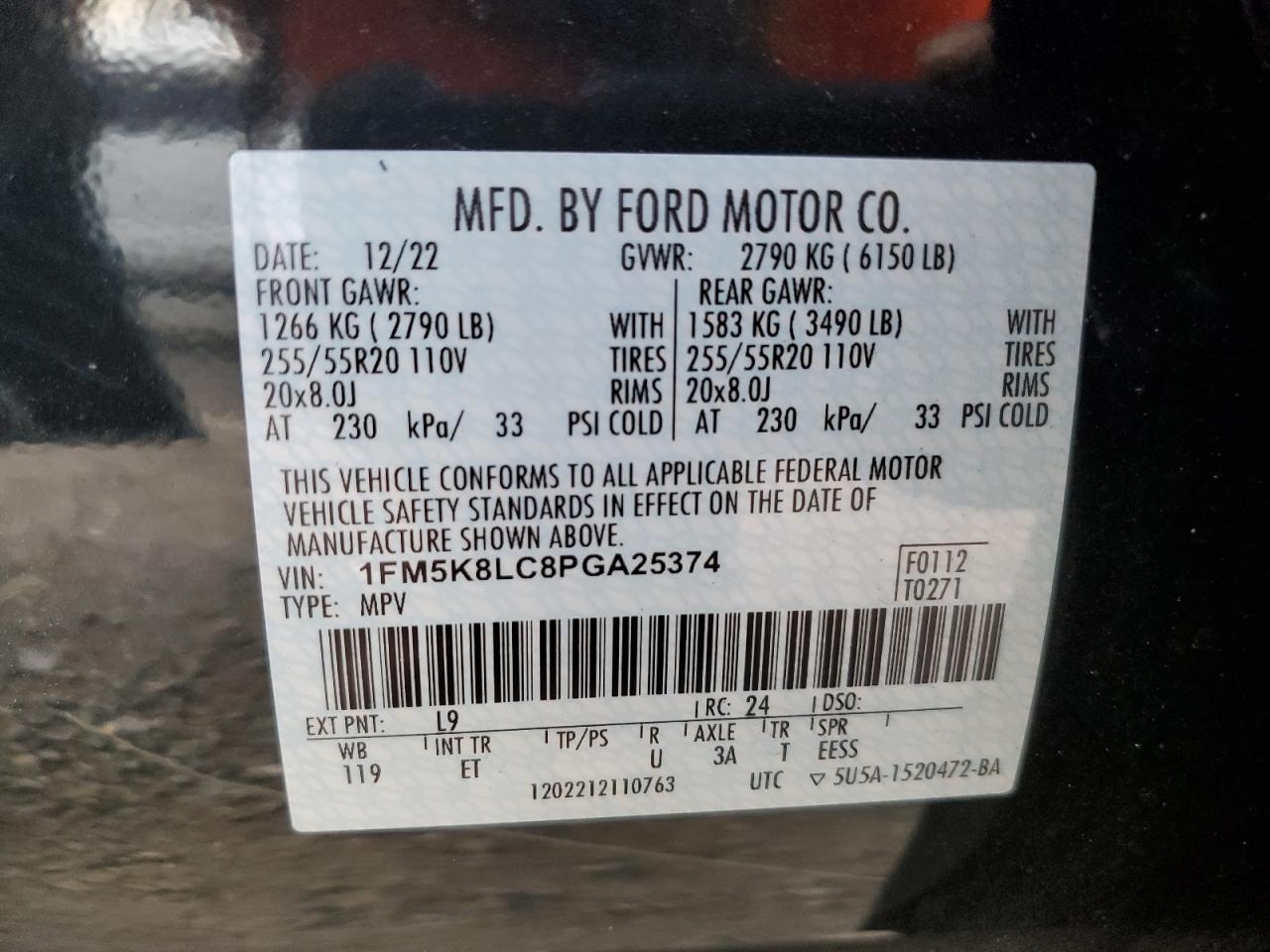 2023 FORD EXPLORER KING RANCH VIN:1FM5K8LC8PGA25374