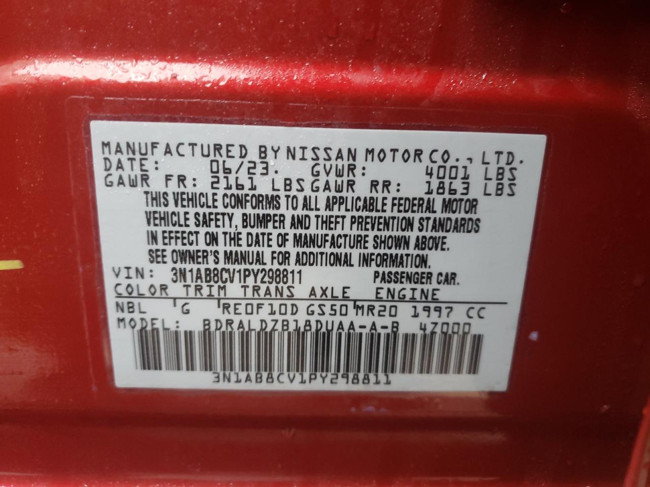 2023 NISSAN SENTRA SV VIN:3N1AB8CV1PY298811