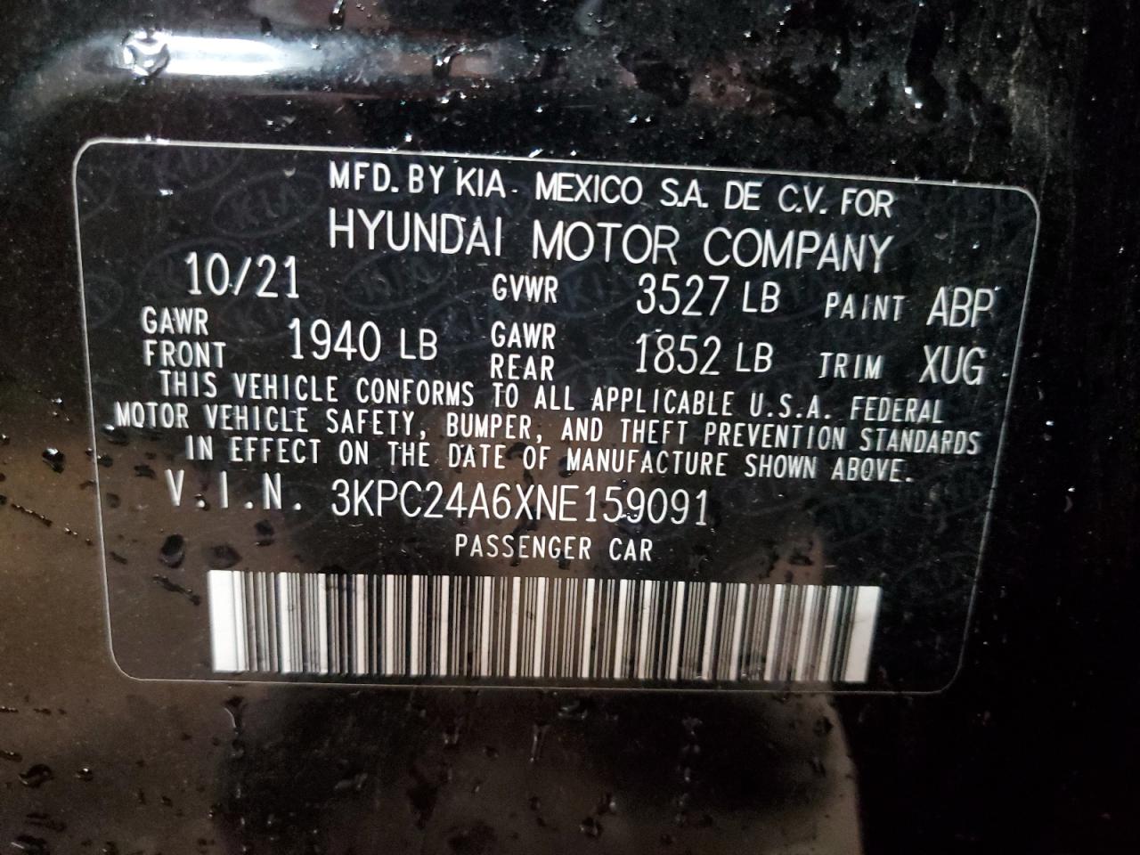 2022 HYUNDAI ACCENT SE VIN:3KPC24A6XNE159091