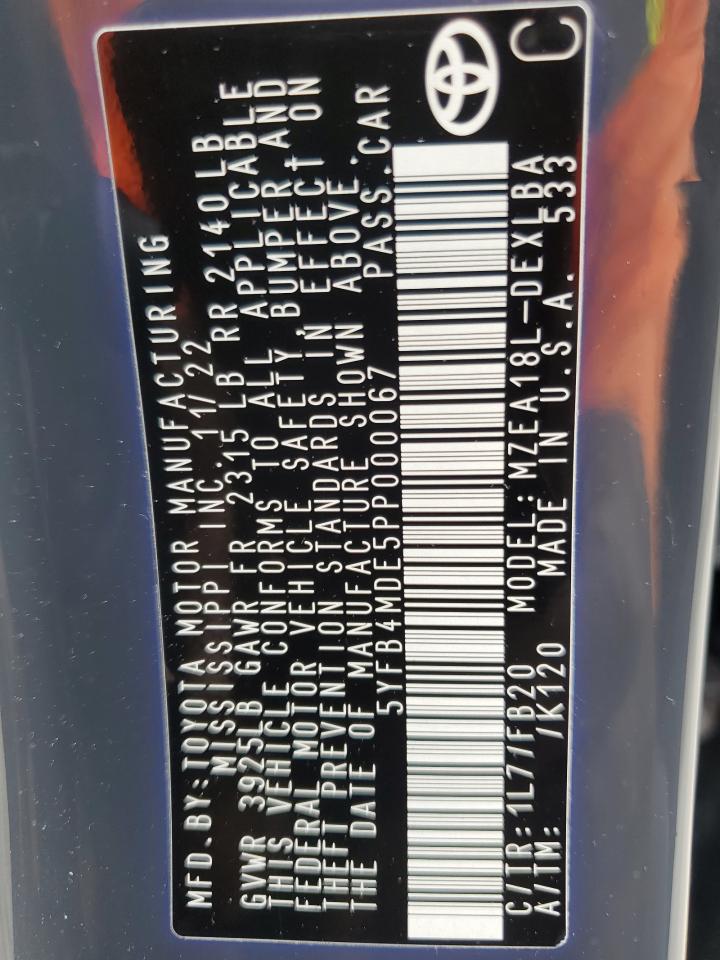 2023 TOYOTA COROLLA LE VIN:5YFB4MDE5PP000067