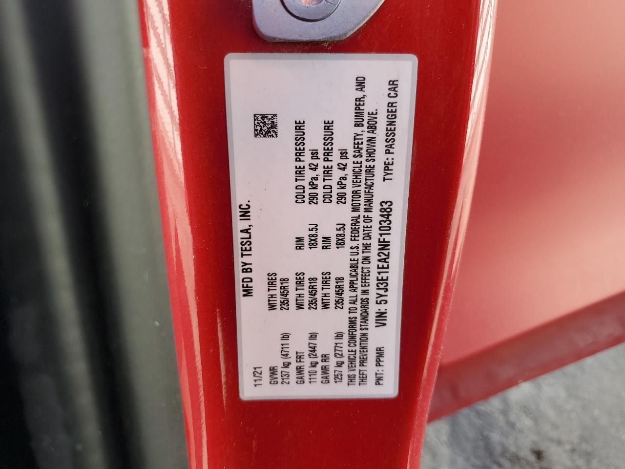 2022 TESLA MODEL 3  VIN:5YJ3E1EA2NF103483