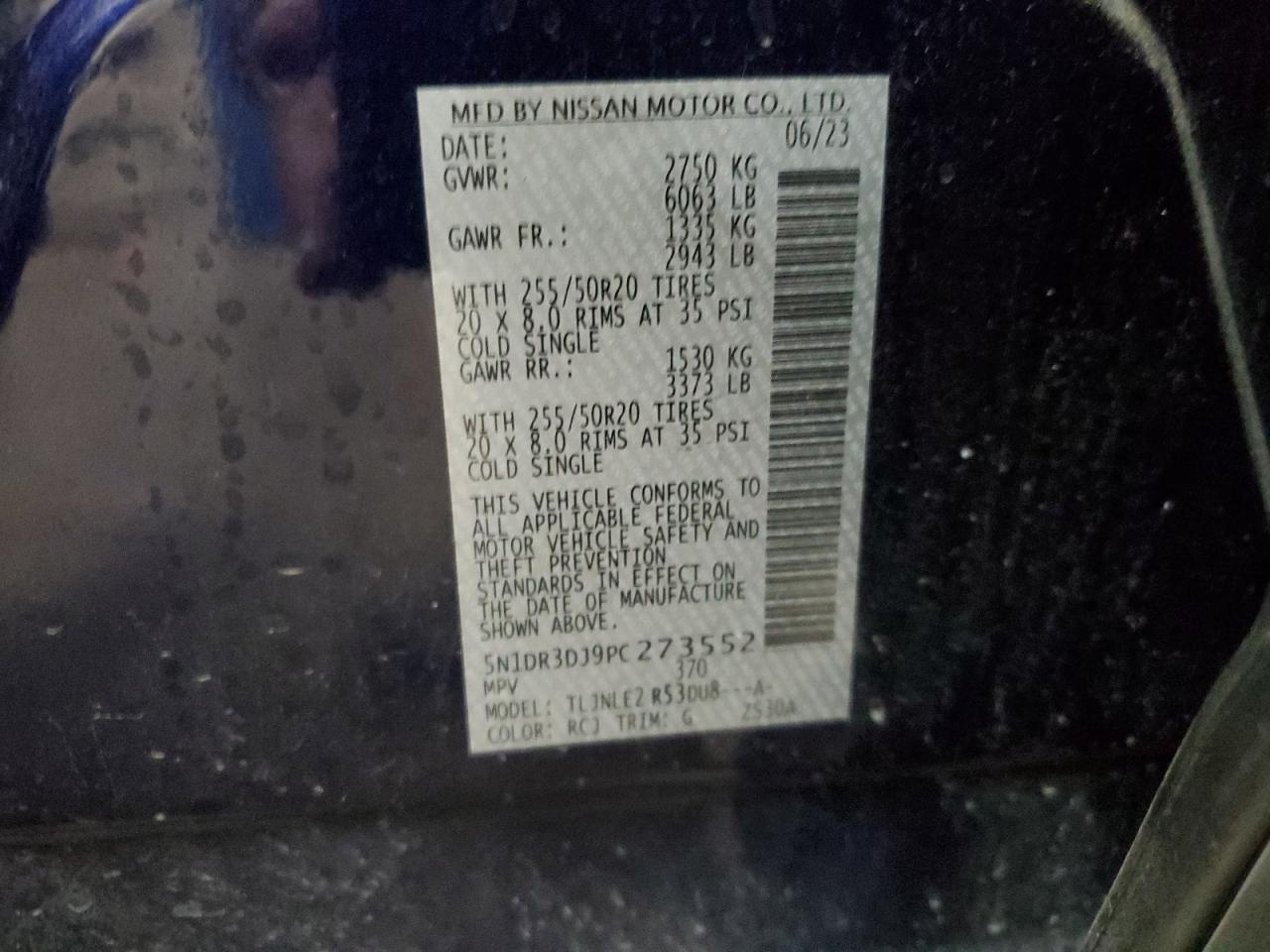2023 NISSAN PATHFINDER PLATINUM VIN:5N1DR3DJ9PC273552