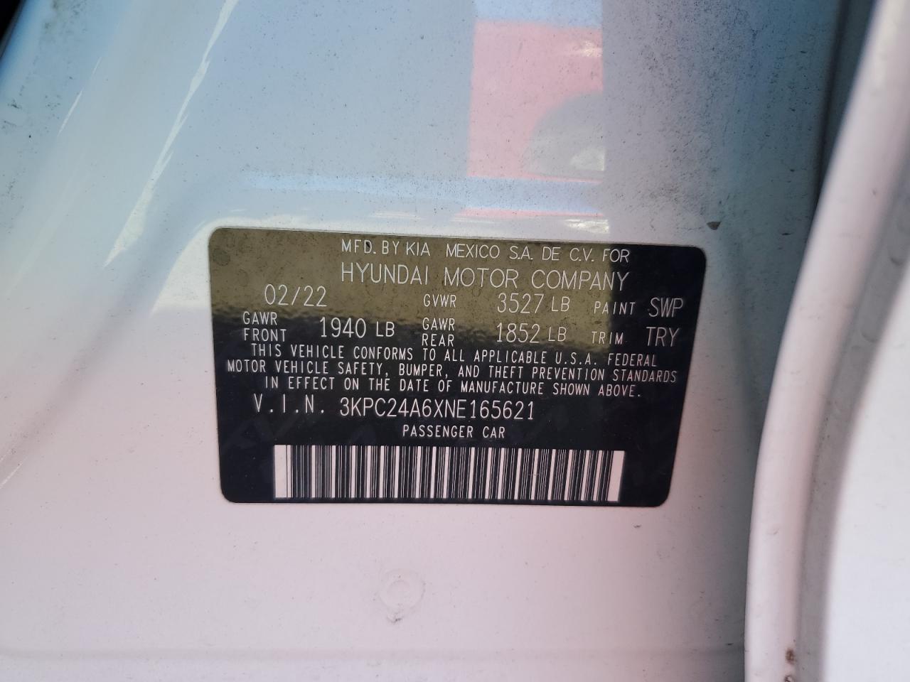 2022 HYUNDAI ACCENT SE VIN:3KPC24A6XNE165621